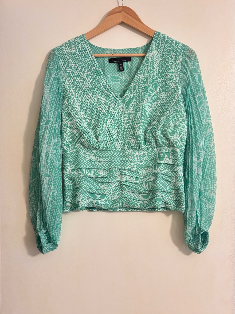 White House Black Market Mint Green V-Neck Smocked Peasant Blouse
